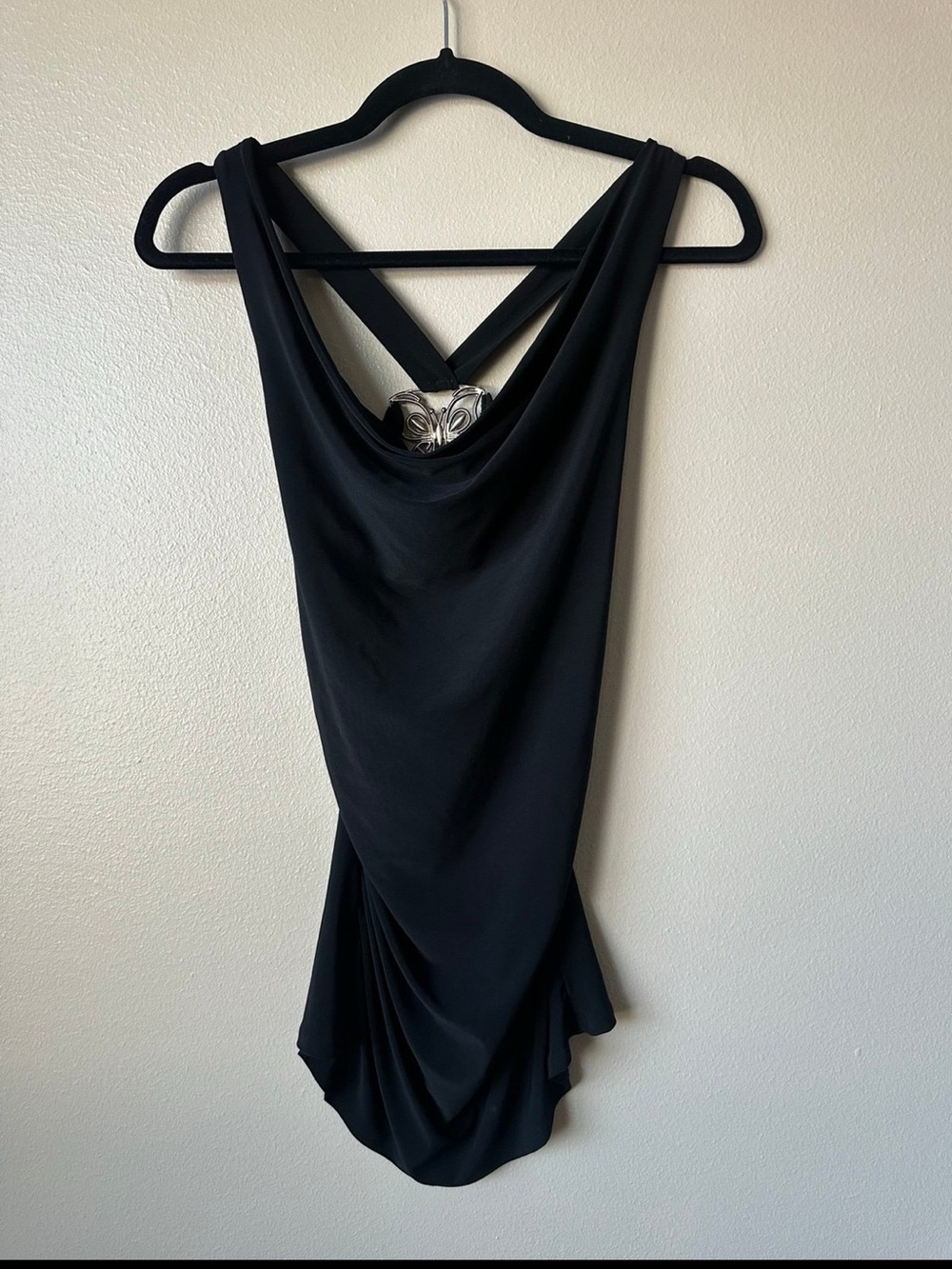 Vintage Black Drape Cowl Neck Butterfly Open Back Tank M
